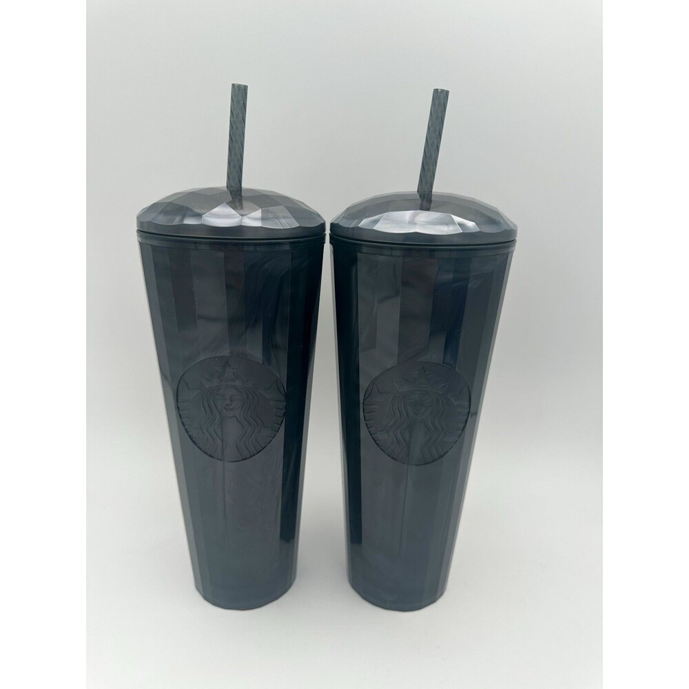 NEW SET OF 2 Starbucks Black Kaleidoscope Shell Cold Cup Tumbler Venti Straw 24